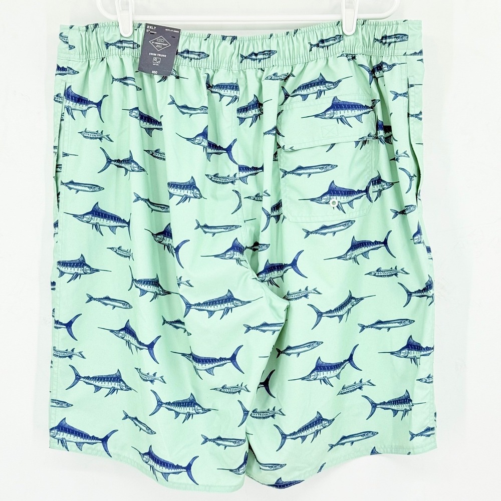 St Johns Bay Men Green Swim Trunks 2XLT Haze Fish Print Pull-on 11" Inseam